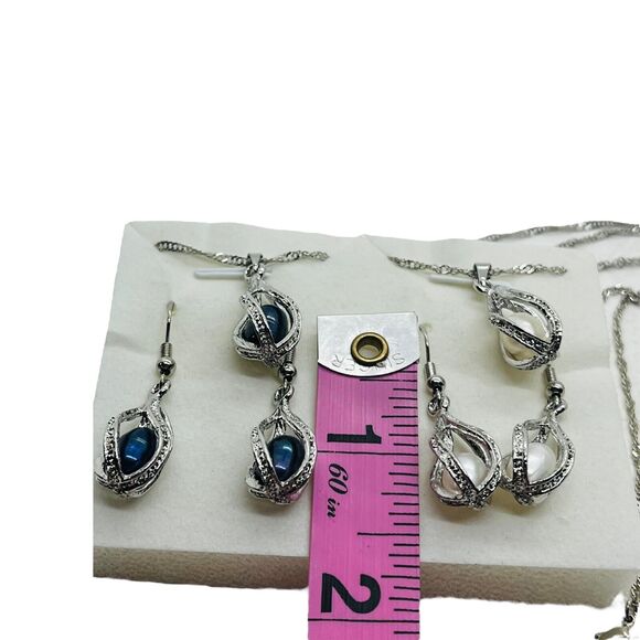 Necklace And Earrings Set Womens Silver Tone Faux Pearl Lobster Claw Clasp - Picture 7 of 16